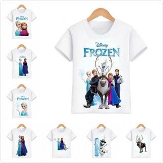 เสื้อยืดแขนสั้น ผ้าฝ้าย พิมพ์ลายการ์ตูนดิสนีย์ Frozen Anna Elsa แฟชั่นฤดูร้อน สําหรับเด็กวัยหัดเดิน