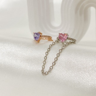 ON-07 Ruby heart chain cuff ต่างหูเกี่ยวพลอยหัวใจชมพู ร้อยโซ่  (1ชิ้น/ชิ้นเดียว)