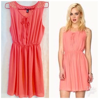 Forever21 เดรสผ้าโพลีเอสเตอร์มีซับใน เอวยืด ใส่ครั้งเดียว สีส้ม coral