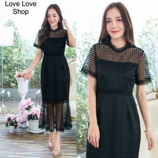 เดรสดำออกงาน!!! M-L Maxi Dress เดรสสีดำแขนสั้นผ้าฉลุลายชายหางปลา งานป้าย Love love