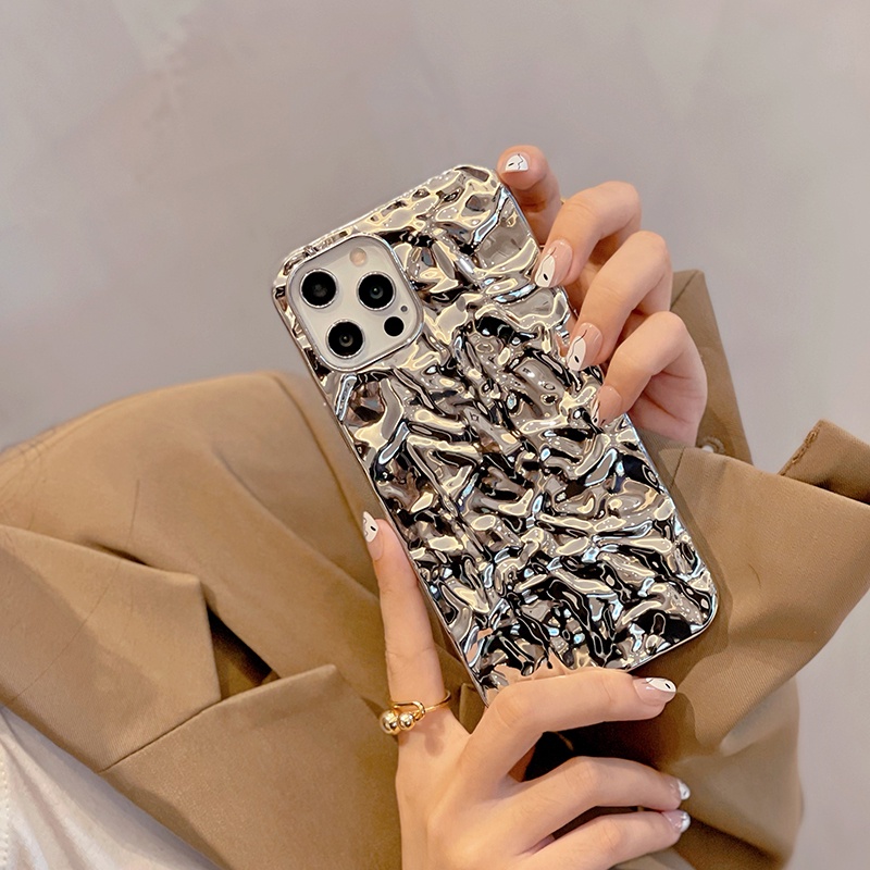 Glossy Silver Tinfoil รูปแบบ Soft Case สําหรับ iPhone 16 15 14 13 12 11 XR 17 17Promax 17Pro 17Air