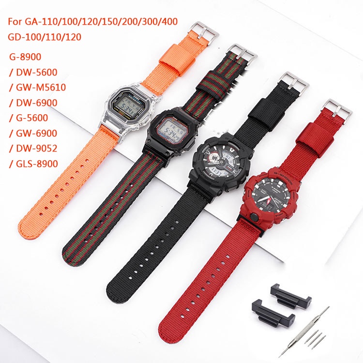 สายนาฬิกาข้อมือไนล่อน พร้อมอะแดปเตอร์พลาสติก สีดํา สําหรับ Casio G-shock GA-110 120 GD-100 DW-5600