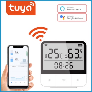 Tuya WIFI เครื่องวัดอุณหภูมิและความชื้น เซนเซอร์ รองรับ Alexa Google Assistant สมาร์ทไฮโกรมิเตอร์ เทอร์โมมิเตอร์ ในร่ม พร้อมจอแสดงผล LCD