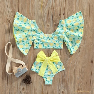 LAA6-Girl´s Two-Piece Bathing Suit, Lemon/Starfish/Stripe Baggy Sleeve Swim Tops + High Waist Bathing Shorts