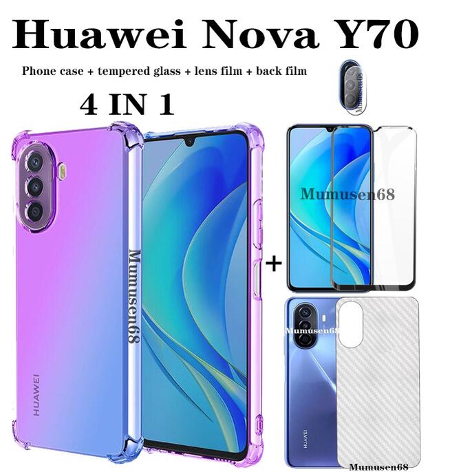 (4in1) เคสโทรศัพท์มือถือไล่โทนสี พร้อมกระจกนิรภัย เต็มจอ ฟิล์มเลนส์ ฟิล์มด้านหลัง ไล่โทนสี สําหรับ Huawei Nova Y70 Y70 Plus Nova9 SE Nova 8i Nova 7SE