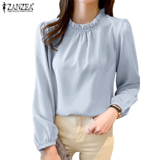 ZANZEA Women Simple Solid Color Long Sleeve O-Neck Office Blouse