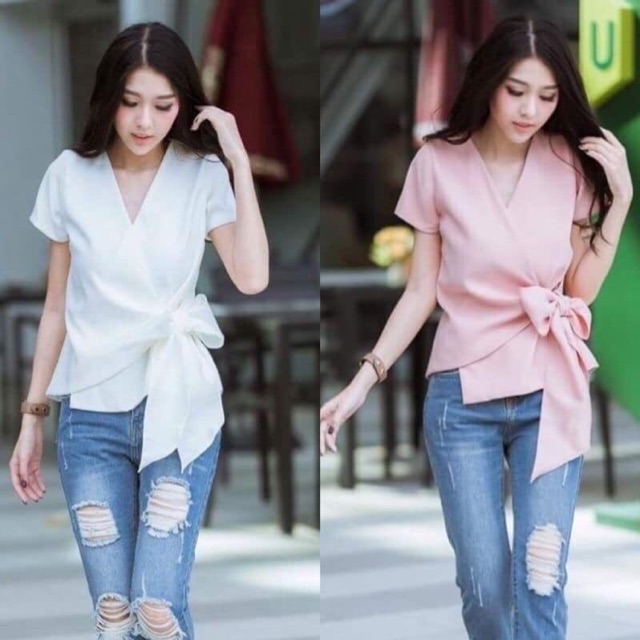 🎀A01 โบว์นางฟ้า ❣️เสื้อผูกโบว์ข้าง ทรงป้าย สินค้าขายดี‼️