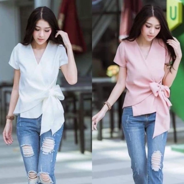 PLOYLY CLOSET | Arielle Bow เสื้อผูกโบว์ด้านข้าง คอวี เสื้อออฟฟิศสีสุภาพ ใส่งานแต่ง เสื้อทำงานผู้หญิง