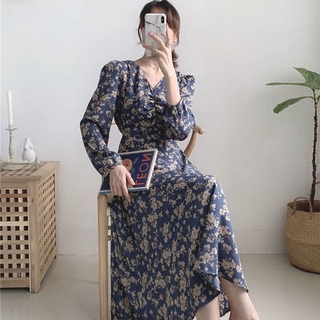 🔥JOJO🔥2021 new Korean CHIC French retro waist and thin floral dress goddess Fan Kikyo first love