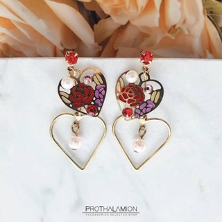 Red Rose Gold Heart Beauty and the Beast Earrings ต่างหู ตุ้มหู กุหลาบ สีแดง หัวใจ ทอง