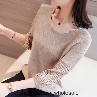 เสื้อผ้าแฟชั่นผู้หญิง เสื้อแขนสามส่วน เสื้อถัก ทรงหลวม