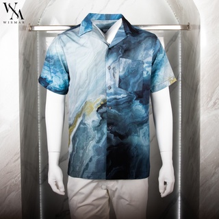 เสื้อเชิ้ตฮาวายแขนสั้น ผ้าไหมอิตาลี 100% (ดาร์ค บลู) : Hawaii Dark Blue Marble Shirt  (Short-sleeved)