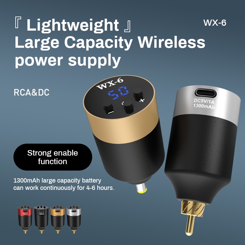 Wx-6 พาวเวอร์ซัพพลายสักไร้สาย RCA DC ขนาดเล็ก แบบพกพา สําหรับเครื่องสักโรตารี่