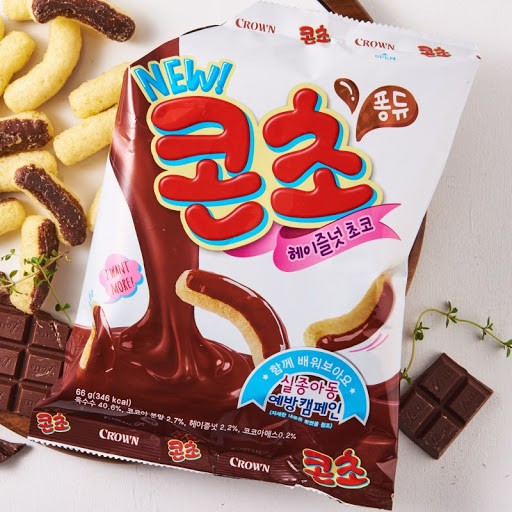 พร้อมส่ง 콘초헤이즐넛초코 ขนมข้าวโพดกรอบเคลือบช็อกโกแลตเฮเซลนัท Crown Corncho Hazelnut Choco 66g