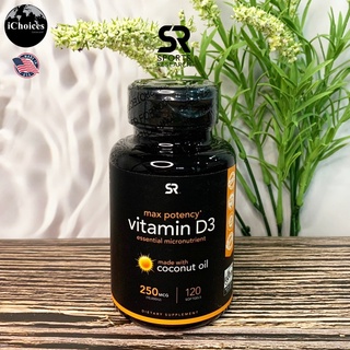 [Sports Research] Max Potency Vitamin D3 with Coconut Oil 250 mcg (10,000 IU) 120 Softgels วิตามินดี3 พร้อมน้ำมันมะพร้า