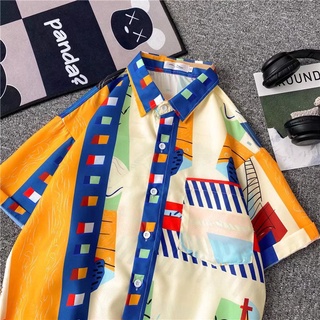 Shirt【M-3XL】Korean versionFashion casual mens five-point sleeve shirt Personalized striped shirt College style handsome jacket Oversized loose and comfortable short-sleeved shirt