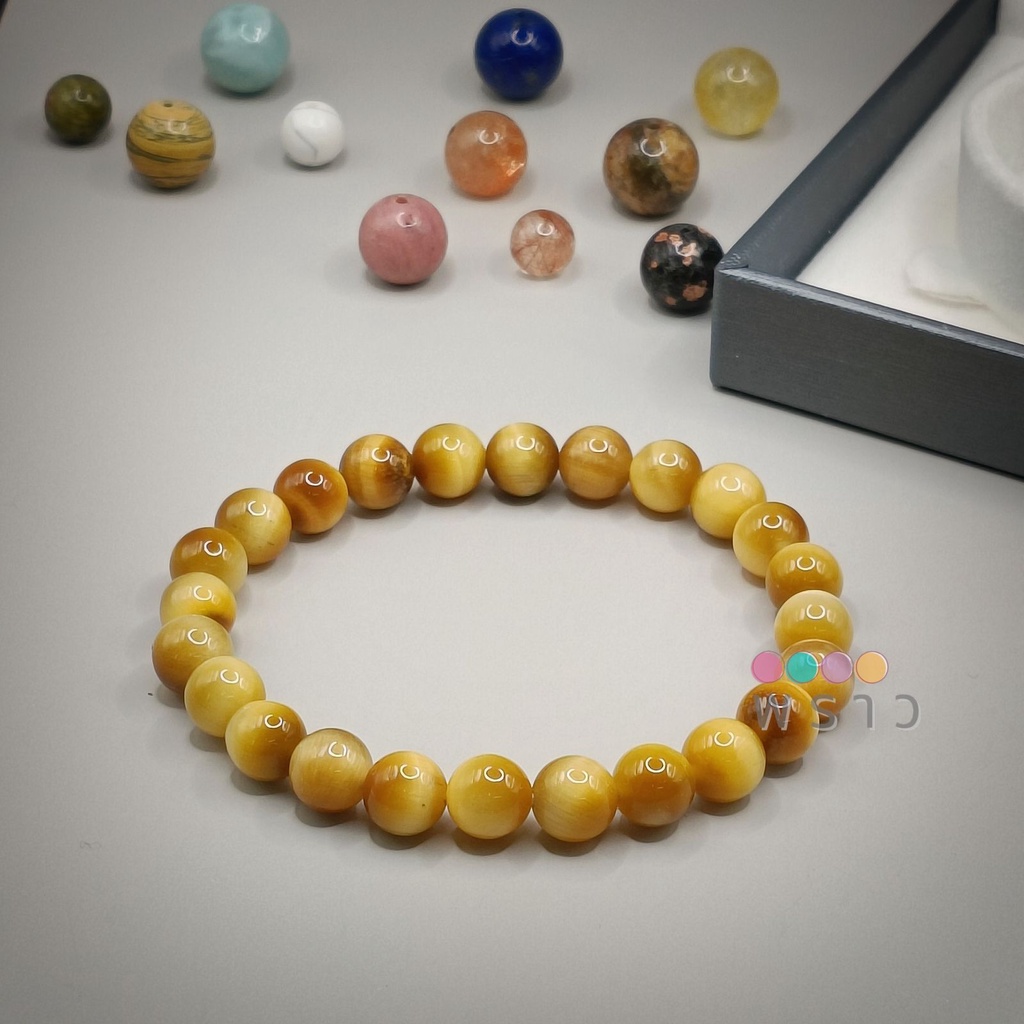 (พราว) หินโกลเด้นไทเกอร์อาย ขนาด 8 มม. (Golden Tiger's Eye) หินแห่งดวงและโชคลาภที่ดี