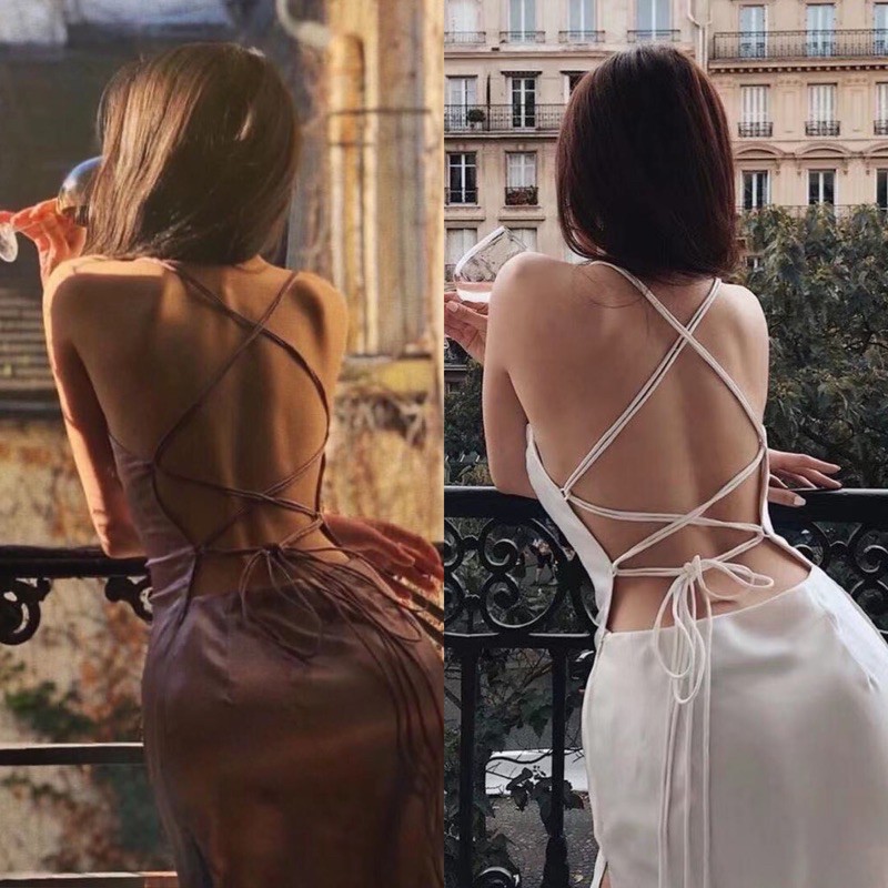 Lady_Sakura✨311/dd.035#เดรสสายเดียวคอถ่วง(เว้าหลังเเต่งสายใขว่หลังเดรสออกงานผ่าข้าง