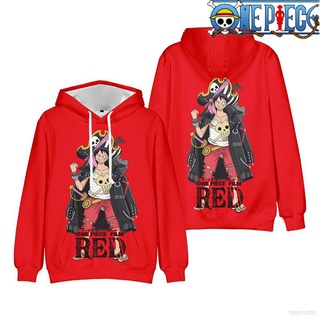 Ag ONE PIECE RED เสื้อกันหนาวแขนยาวลําลอง มีฮู้ด ทรงหลวม พลัสไซซ์ ลายอนิเมะ Luffy Uta