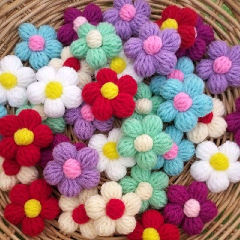 ดอกไม้พองๆ ดอกไม้ถัก ดอกไม้ไหมพรม งานฝีมือ DIY ตกแต่ง ชิ้นงานต่างๆ สวยตรงปก