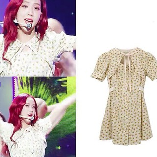 Blackpink Jisoo Lace-up Floral flower Vintage Sweet เสื้อแฟชั่นผู้หญิง Midi Dress Korean ชุดเดรส Skirt เดรส