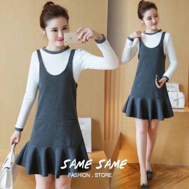 เอี้ยมกระโปรง มีเสื้อแขนยาวเข้าชุด ชุดไปเที่ยว set2ชื้น