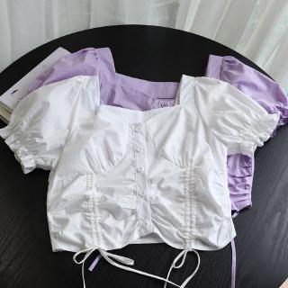 Plain paper design looks thin ~ ~ Korean style drawstring lace up cotton blouse thin