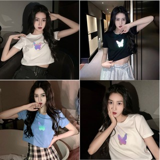 WANG JIAO ZHAN เสื้อยืดแขนสั้นพิมพ์ลายผีเสื้อสะท้อนแสงสำหรับผู้หญิงใหม่