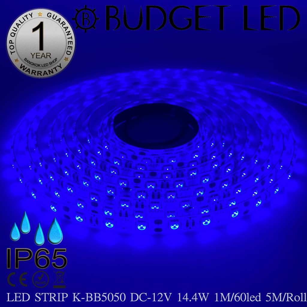 LED STRIP K-BB5050-BLUE DC-12V 14.4W/1M IP65 ยี่ห้อBUDGET LED แอลอีดีไฟเส้นสำหรับตกแต่ง 300LED/5M 72