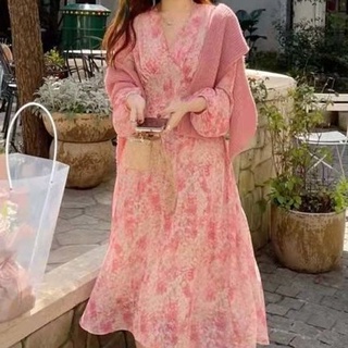 Emily Fashion Shop ชุดเดรสมาใหม่ ชุดเดรสยาว เดรสลายดอกไม้ เข้ารูป ลายดอกไม้ สีชมพูอ่อน สไตล์ฝรั่งเศส ย้อนยุค เหมาะกับฤดูใบไม้ผลิ