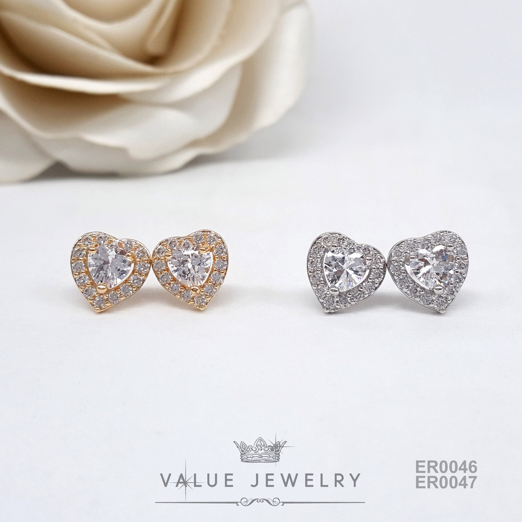 ต่างหูแป้น ฝังคริสตัลแท้ เพชรรูปหัวใจ Heart Shaped มี2สี ขนาดพอเหมาะ ตุ้มหู เครื่องประดับ ER0046 ER0047 ValueJewelry