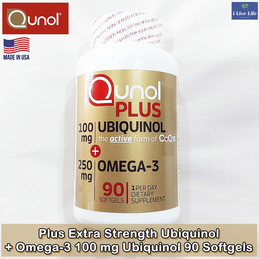 ยูบิควินอล โคเอนไซม์คิวเทน Plus Extra Strength Ubiquinol + Omega-3 100 mg Ubiquinol 90 Softgels - Qunol