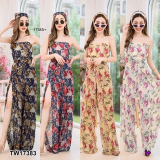 TwinsShopVip💗พร้อมส่ง TW17383 set 3 ชิ้น เสื้อเกาะอกลายดอก + กางเกงขายาวลายดอกไม้ + ผ้ษโพกผม