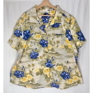 [ส่งฟรี✨]เสื้อฮาวายลายต้นมะพร้าว ใบไม้และดอกไม้ กระเป๋าซ้าย ยี่ห้อ Krazy Kat woman Size XXXL