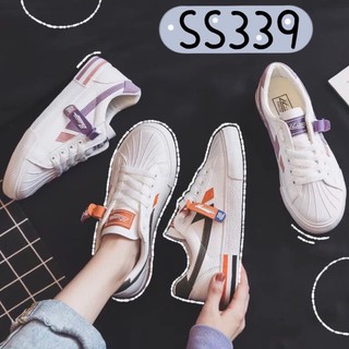 SS339 รองเท้าผ้าใบลำลองสีจี๊ด ห้อยป้ายแท็กสวยๆ หนังนิ่ม มีขาวส้ม/ม่วงพาสเทล