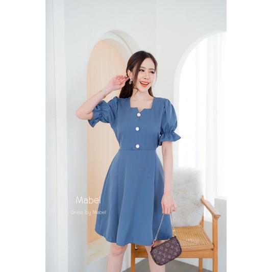 C72เดรสคอเหลี่ยม แขนตุ๊กตาติดกระดุมมุข ชายกระโปรงบานมีสายผูกเอว แบบน่ารักมาก - รูปที่ 2