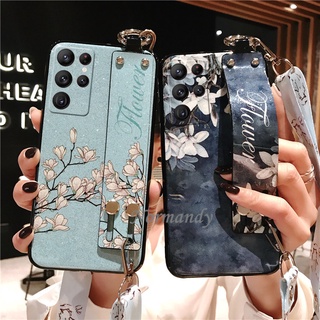 Ready Stock เคสโทรศัพท์ Samsung Galaxy S22 S21 Ultra FE S22+ Plus 5G Magnolia Flowers Casing Wristband Phone Case with Long Lanyard Hard Cover เคส