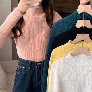 (พร้อมส่ง/ใหม่#61555)เสื้อไหมพรม เสื้อกันหนาวแขนยาว คอจีน สีเรียบ ทรงรัดรูป สไตส์เกาหลี