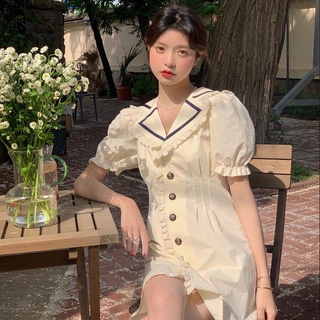 ⚡️พร้อมส่ง ⚡️S-2XL ใหม่ปี  เดรสวินเทจคอวี เอวสลิม เดรสสีทึบ แขนสั้นพลัสไซส์ ชุดเสื้อเชิ้ต