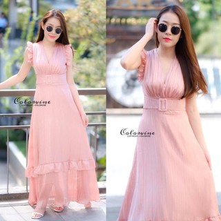 พร้อมส่ง-Colorvine Maxi Dress ผ้าบิ้นทองทรงสวยมากกก ด้านหน้าแต่งเข็มขัดผ้าทิ้งตัว งานซิปหลังผ้าหนาตาแตกค๊าาาา