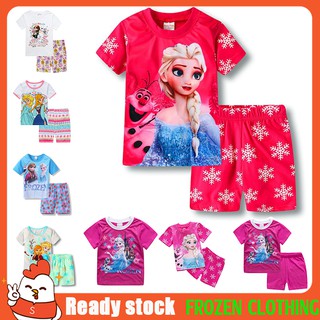 Disney Cartoon Theme Kids Girl Clothes set  ELSA และ ANNA ลาย Frozen ฝ้ายเด็กผู้หญิงแขนสั้นเสื้อยืดและกางเกงขาสั้น