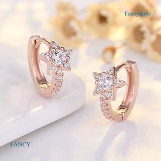 Fancy ต่างหูห่วง เงินสเตอร์ลิง S925 จี้รูปดาว ประดับเพทาย สีโรสโกลด์ เครื่องประดับแฟชั่นสตรี