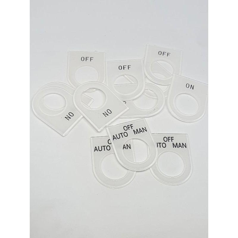 ป้ายเนมเพลท ตู้คอนโทรล Name plate   22mm on ,off ,stop, start ,auto auto off man,T,R,overload