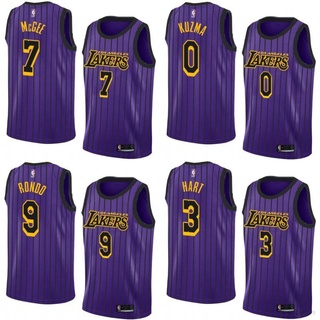 ใหม่ เสื้อกีฬาบาสเก็ตบอล LA Lakers NBA Jersey Oneal Rondo Kuzma McGee Hart ลายทางสีม่วง