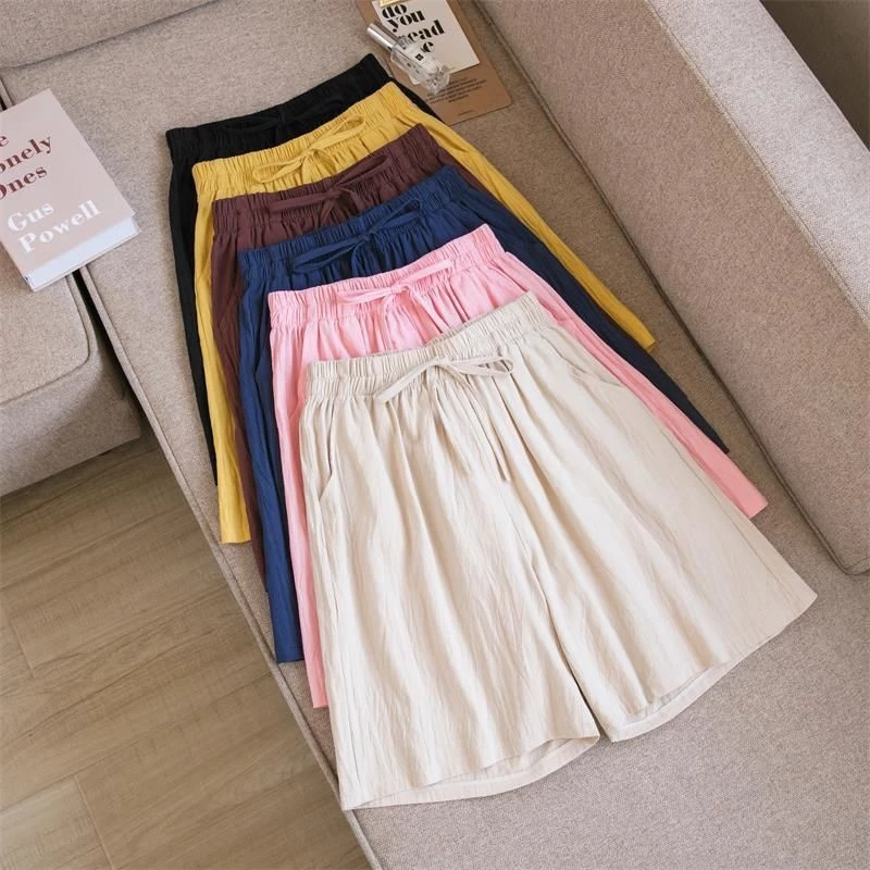 CC001 กางเกงผู้หญิงขาสั้นผ้าลินิน3ส่วน ผสมผ้าฝ้าย สไตล์เกาหลี ขากว้าง สีพื้น มีกระเป๋า 2 ข้าง