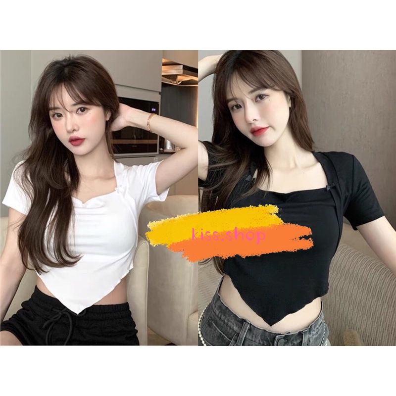1LDK🌈พร้อมส่ง🌈เสื้อครอปแขนสั้นคอเหลี่ยม ทรงสามเหลี่ยมด้านหน้า (934)