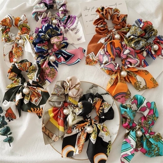 ซาตินโบว์โบว์ผ้าไหมผม Scrunchies ผู้หญิงมุกผมที่ใส่หางม้าวินเทจผ้าพันคอยางผูกผมอุปกรณ์เสริมผม