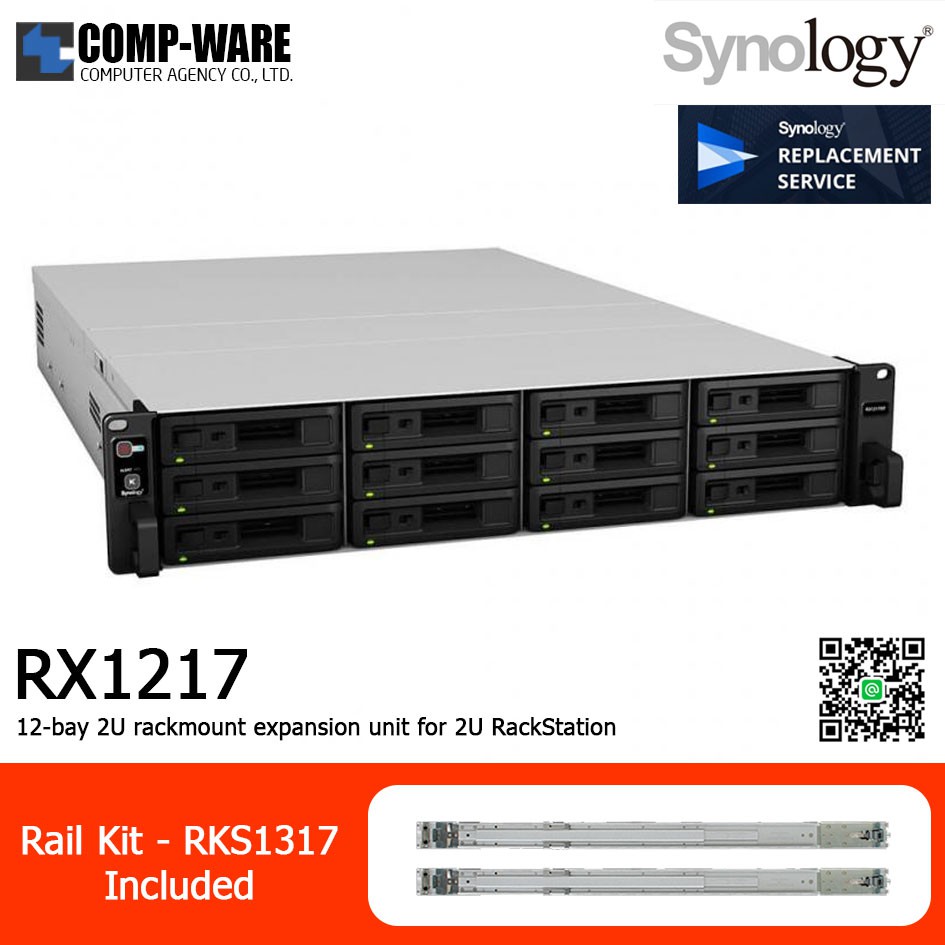 Synology Expansion Unit (2U 12Bay) RX1217 w/Rail Kit RKS1317, No HDD