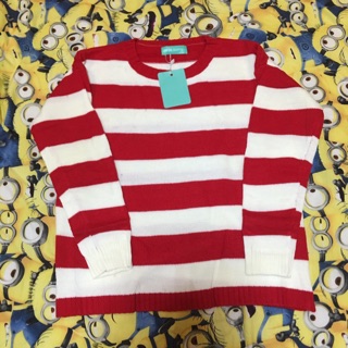 เสื้อไหมพรมลายทาง สีแดง พร้อมส่ง