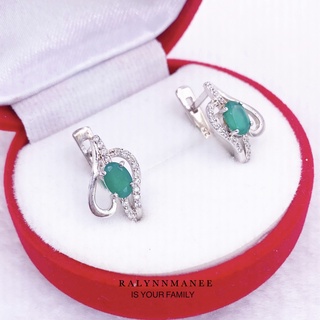 N6420 ต่างหูพลอยโมราแท้ ( Chrysoprase ) แบบอิงลิชล็อค ตัวเรือนเงินแท้ 925 ชุบทองคำขาว